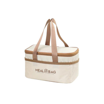 Cream insulated square lunch bag with brown handles and zippered top, Meal Bag logo