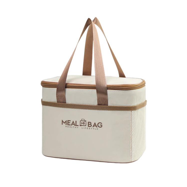 Cream thermal lunch bag with brown webbing handles and zippered lid, front logo