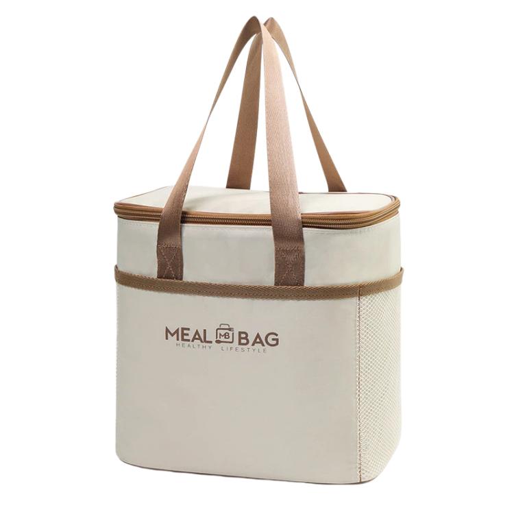 Cream square lunch bag with brown trim, wide handles, and zippered top
