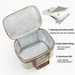 Cream insulated lunch bag opened to show padded lining and foil insulation layer