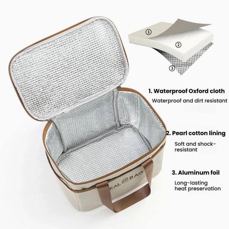 Cream insulated lunch bag opened to show padded lining and foil insulation layer