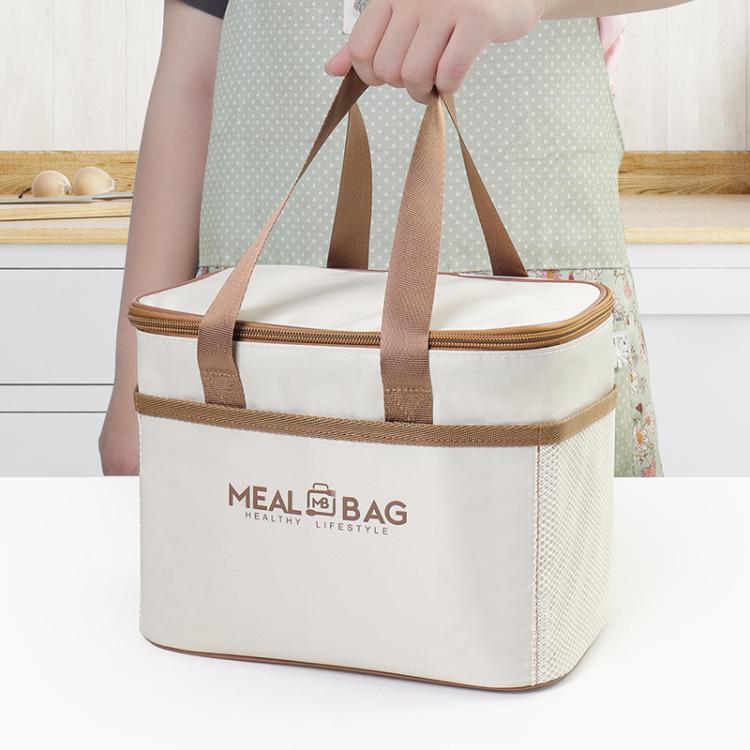 Cream insulated lunch bag with brown handles and zippered top, Meal Bag logo