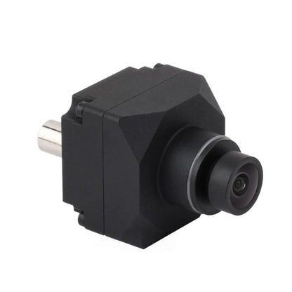 Black camera module with front lens and metal coax connector pin