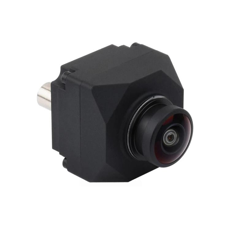 Black camera module with front lens and metal coax connector, angled