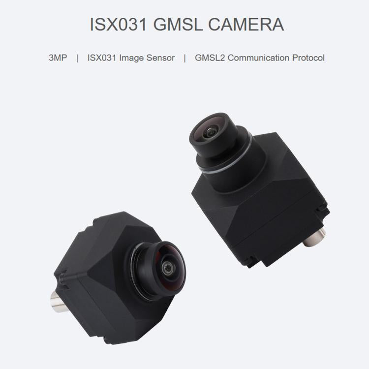 Two black automotive camera modules with front lenses and metal coax pins