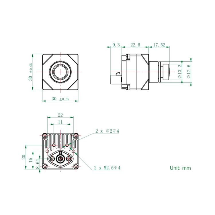 Camera module technical drawing with top, side, and bottom dimensions (mm)