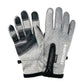 Light gray speckled touchscreen riding gloves with padded knuckles and wrist strap