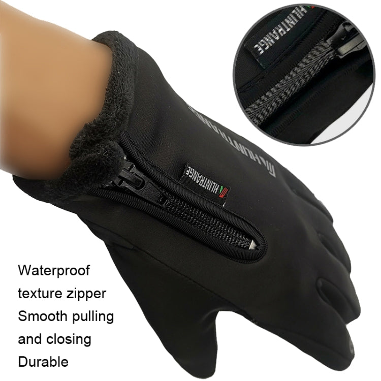 Black waterproof riding gloves with zippered front and fleece-lined cuff detail