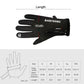 Black riding gloves size chart showing length and width measurements for S–XXL