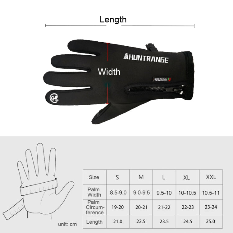 Black riding gloves size chart showing length and width measurements for S–XXL