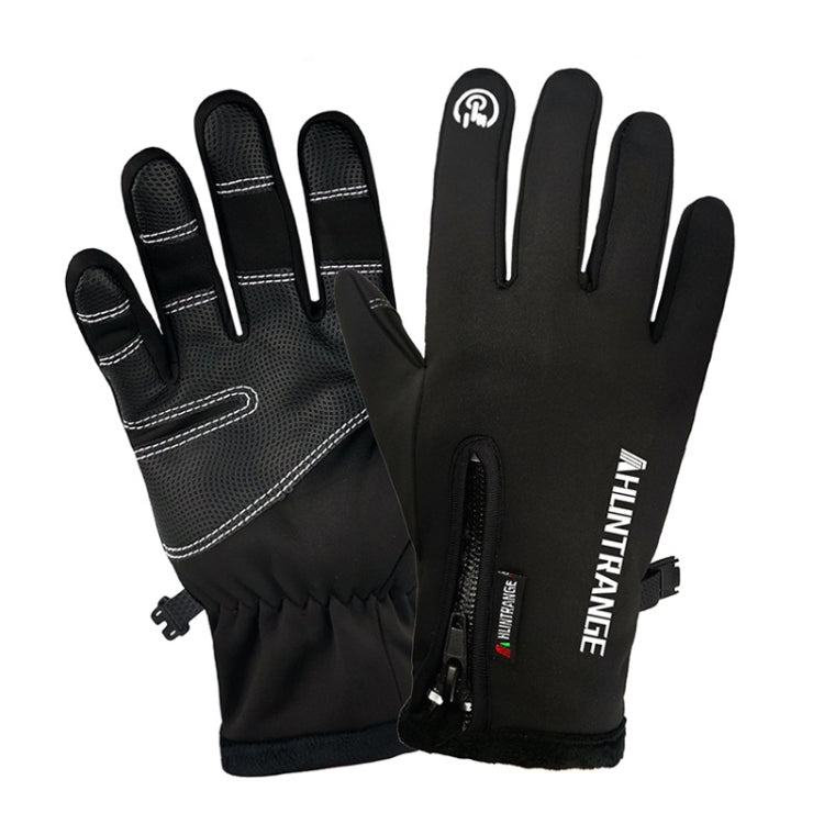 Black touchscreen riding gloves, padded palm seams and elastic wrist strap