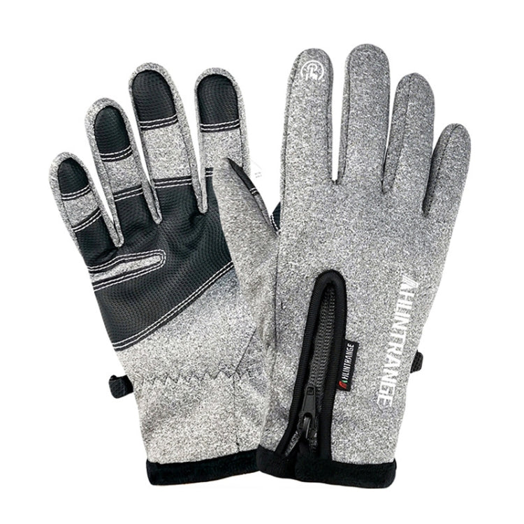 Light gray speckled touchscreen riding gloves with padded knuckle guard and wrist strap