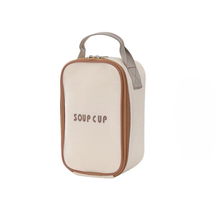 Insulated thermal tote bag, cream front panel with “SOUP CUP” text, zip top