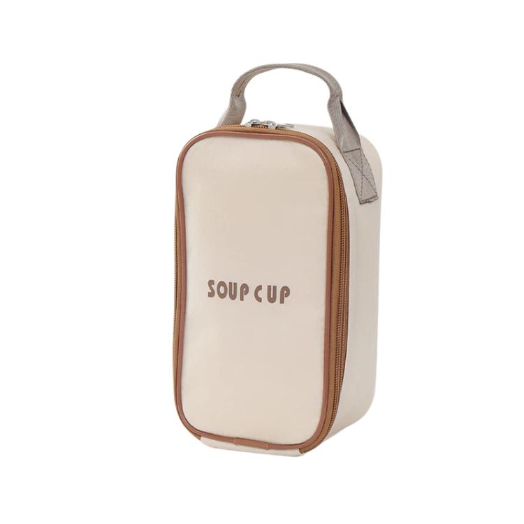 Insulated thermal tote bag with “SOUP CUP” label, cream body, gray side handle