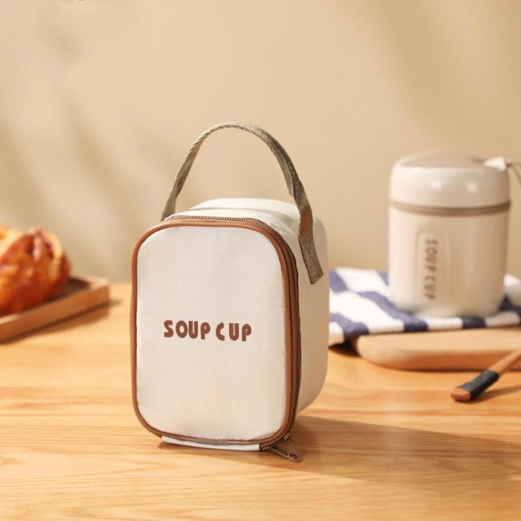 Insulated thermal tote bag in cream with gray carry handle and “SOUP CUP” print