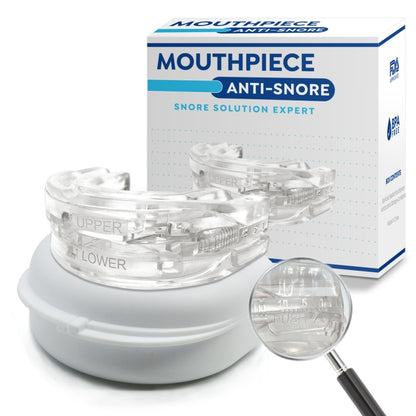 Clear upper and lower dental tray mouthpiece on white storage case, anti-snore style