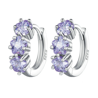 Purple zirconia three-stone hoop earrings, polished 925 silver