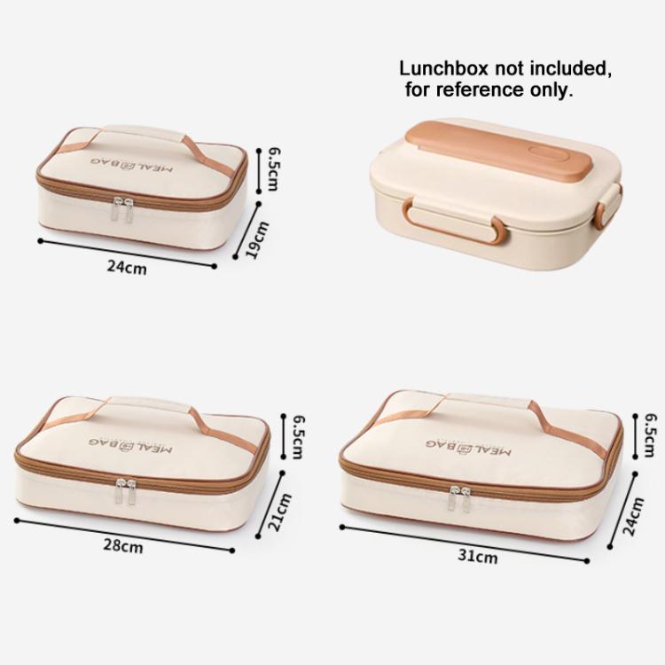 Cream insulated lunch bag size diagram, brown zipper trim and carry handles shown