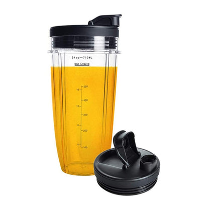 Clear 710 mL blender cup mug with black lid and base, showing measurement markings