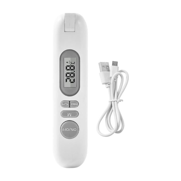 White folding digital food thermometer with LCD screen and probe, USB cable included