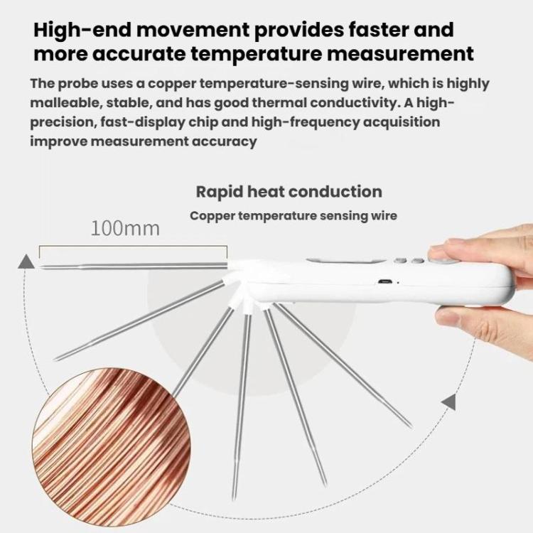 White digital thermometer with long metal probe and copper sensing wire detail