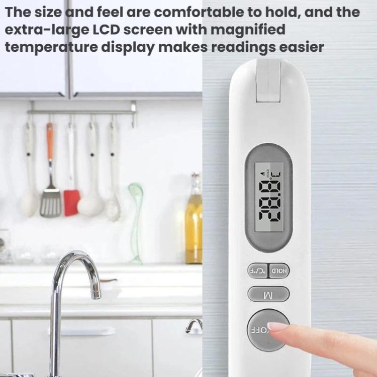 White digital food thermometer with LCD display, held for easy temperature reading