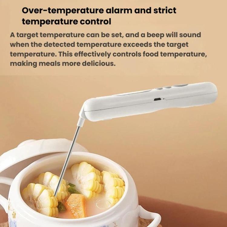 White digital thermometer with metal probe measuring food in bowl