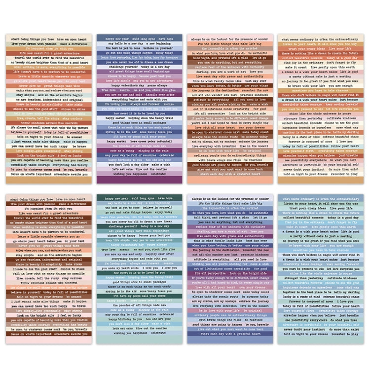 Vintage quote sticker sheets, multicolor backgrounds with black serif text, set of sheets