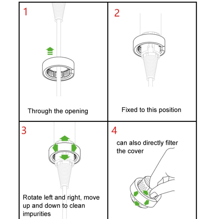 Cleaning brush attachment diagram showing insertion, rotation, and cover filtering