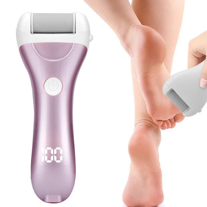 Pink electric foot grinder with LED digital display and white roller head