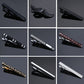 Assorted patterned tie clips shown in a 3x3 grid, including black, silver, and red designs.