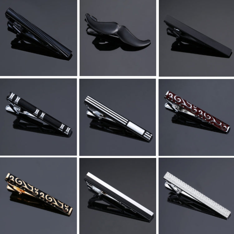 Assorted patterned tie clips shown in a 3x3 grid, including black, silver, and red designs.