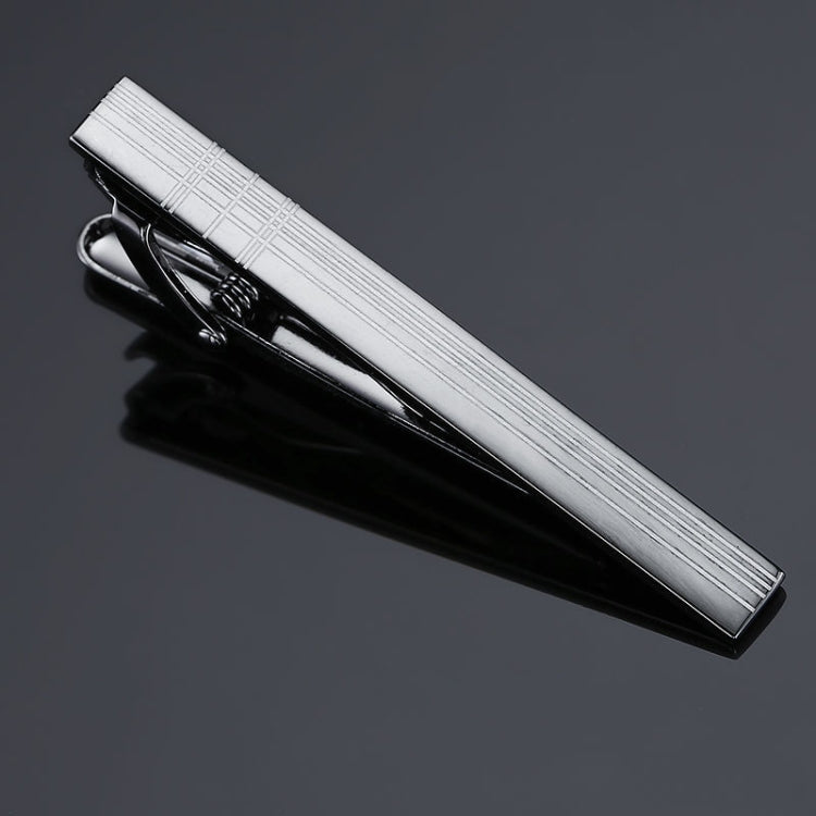 Silver tie clip with grid-pattern bar and black inner hinge detail