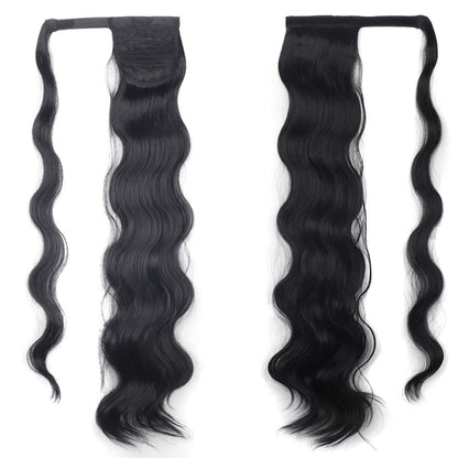 Long wavy ponytail hairpiece with adhesive tie-on base, dark black tone.