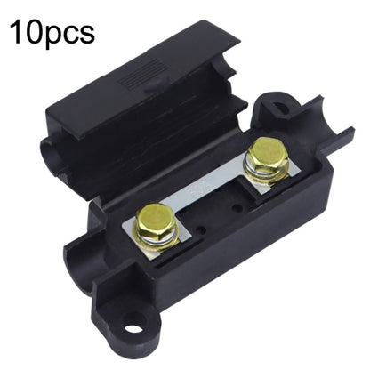 Black plastic mini fuse holder with two brass screw terminals and mounting base, 10-pack