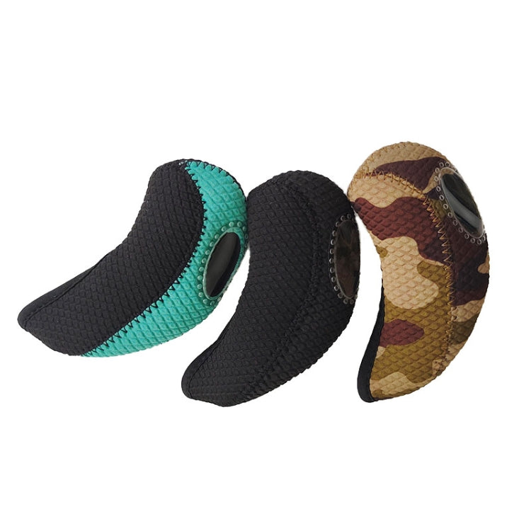 Neoprene golf club head covers in black, teal, and camouflage, with open club-top
