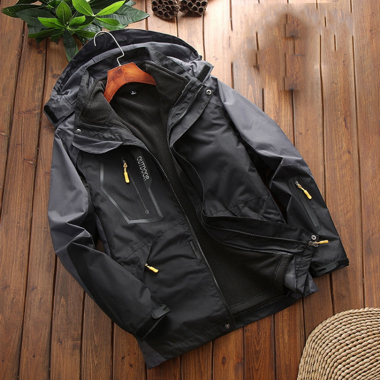 Men's black fleece-lined outdoor jacket with hood, zip front, and multiple pockets