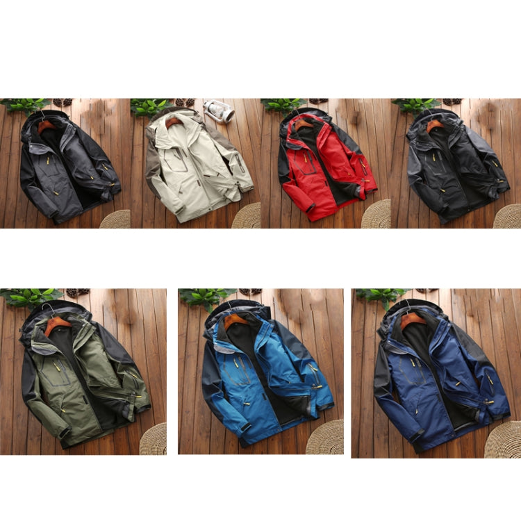 Assorted men's outdoor jackets: black, ivory, red, green, and blue with hoods