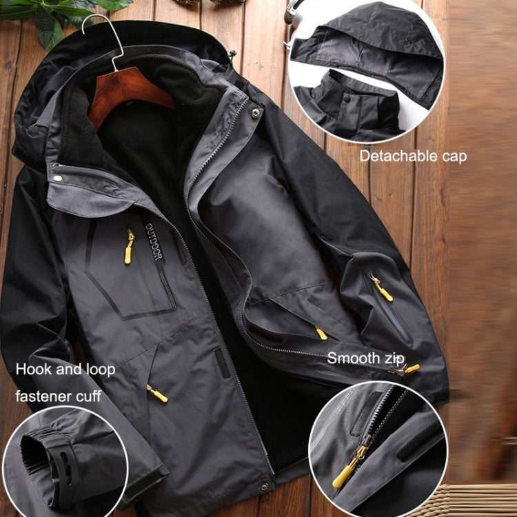 Men's jacket with detachable hood, smooth zipper, buttoned flap pockets, hook-loop cuffs