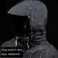 Men's hooded waterproof jacket with front zipper, water droplets on fabric