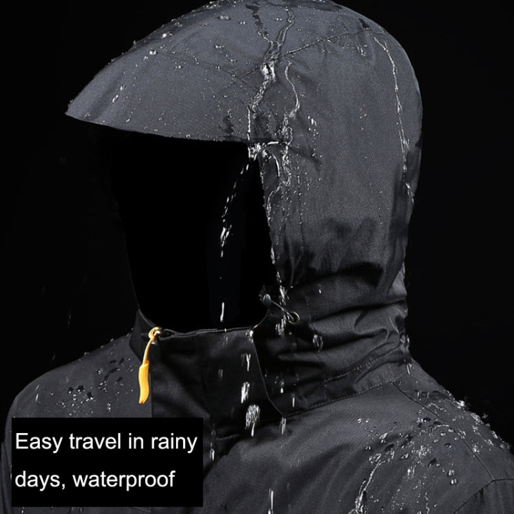 Men's hooded waterproof jacket with front zipper, water droplets on fabric