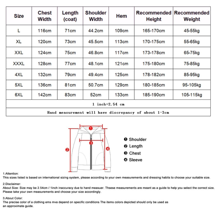 Men's jacket size chart with measurements for L to 6XL, including chest and length