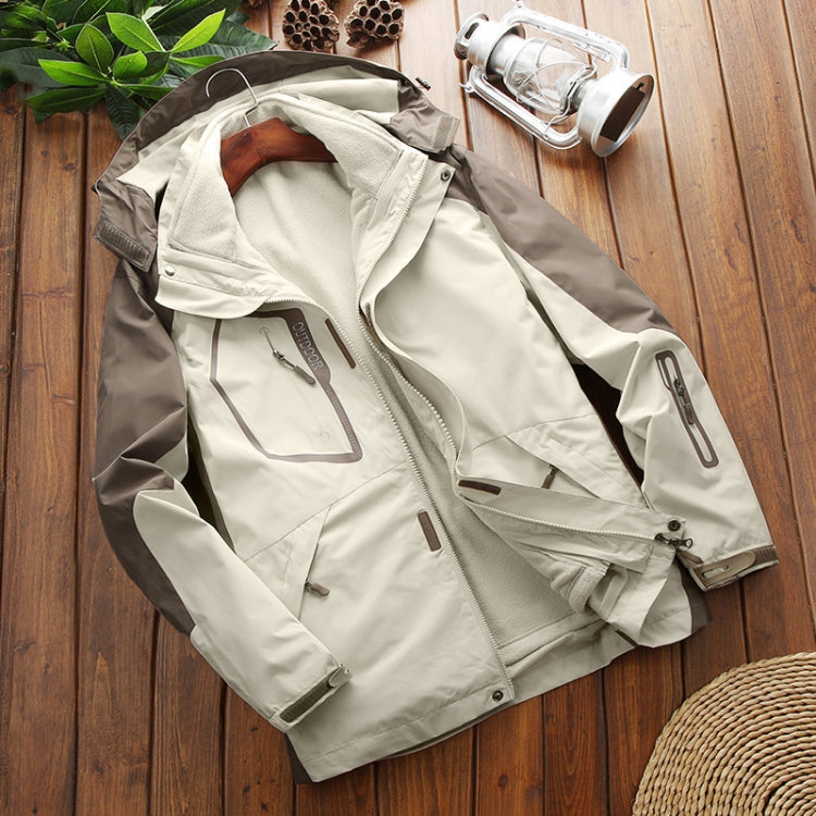Men's insulated jacket in light ivory, open front view, zip pockets, standing collar