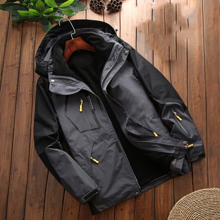 Men's fleece-lined outdoor jacket, black outer and gray interior panel with zip pocket