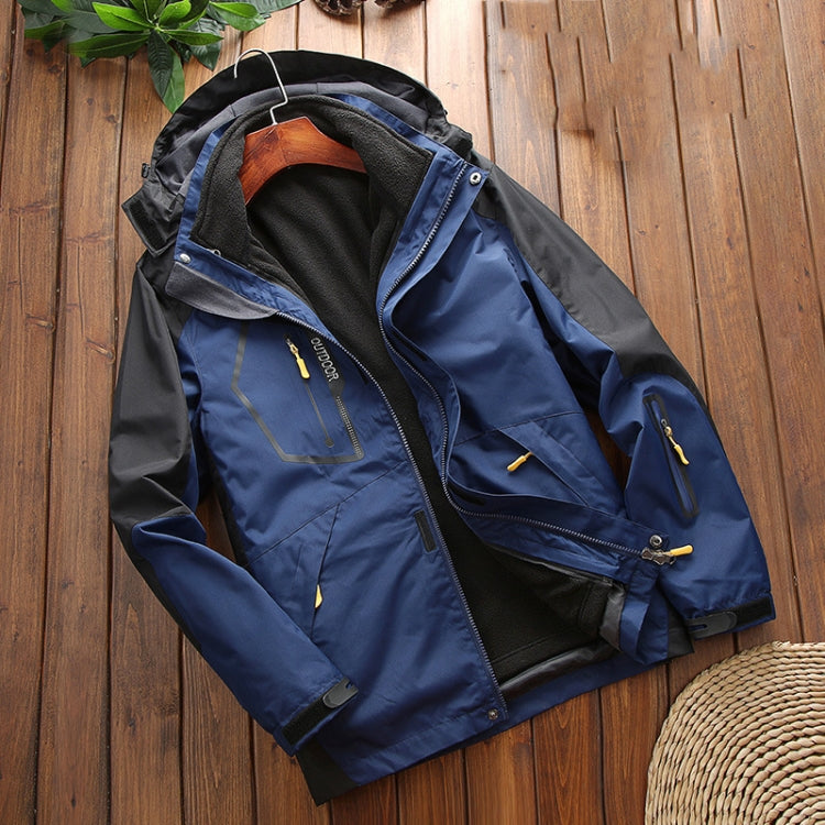Men's blue outdoor jacket with hood, fleece lining, and zip front pocket with flap