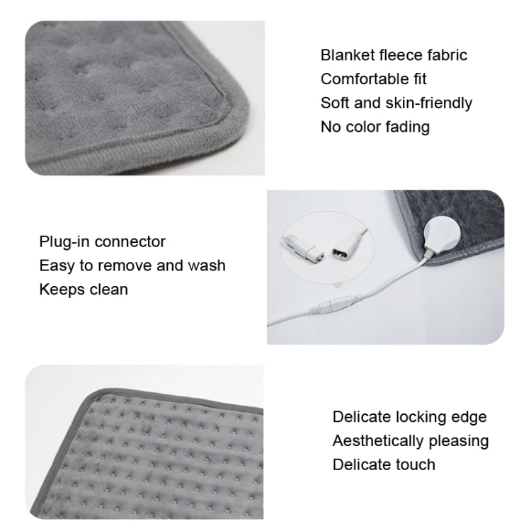 Gray heating pad blanket fabric close-up with detachable plug and edge stitching details