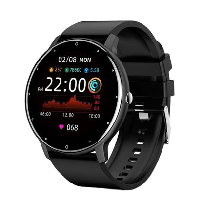 Black silicone smart watch with round touchscreen and health stats on display