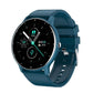 Blue silicone smart watch with round touchscreen and activity stats on display