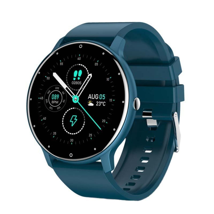 Blue silicone smart watch with round touchscreen and activity stats on display