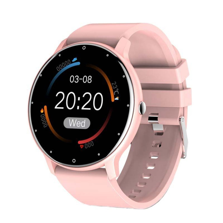 Pink silicone smart watch with round touchscreen showing time and health indicators